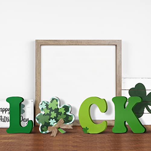 4 Pieces St. Patrick's Day Decorations Lucky Letter Wooden Table Signs Shamrock Table Centerpiece for Gift Tabletop Desk Party Home Tray Decor