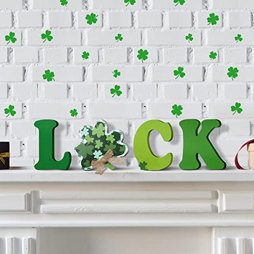 4 Pieces St. Patrick's Day Decorations Lucky Letter Wooden Table Signs Shamrock Table Centerpiece for Gift Tabletop Desk Party Home Tray Decor