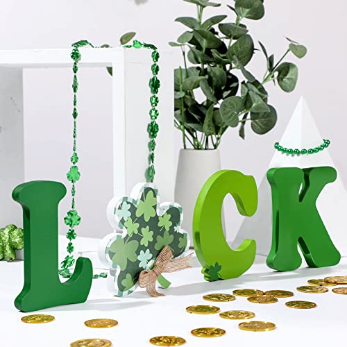 4 Pieces St. Patrick's Day Decorations Lucky Letter Wooden Table Signs Shamrock Table Centerpiece for Gift Tabletop Desk Party Home Tray Decor