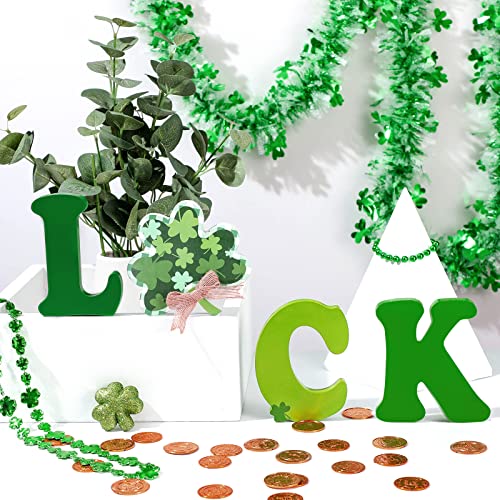 4 Pieces St. Patrick's Day Decorations Lucky Letter Wooden Table Signs Shamrock Table Centerpiece for Gift Tabletop Desk Party Home Tray Decor