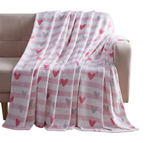 vcny valentine soft throw blanket: stripes and hearts, grey pink black white, accent for couch sofa chair bed or dorm (design 5)
