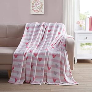 VCNY Valentine Soft Throw Blanket: Stripes and Hearts, Grey Pink Black White, Accent for Couch Sofa Chair Bed or Dorm (Design 5)