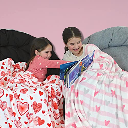 VCNY Valentine Soft Throw Blanket: Stripes and Hearts, Grey Pink Black White, Accent for Couch Sofa Chair Bed or Dorm (Design 5)