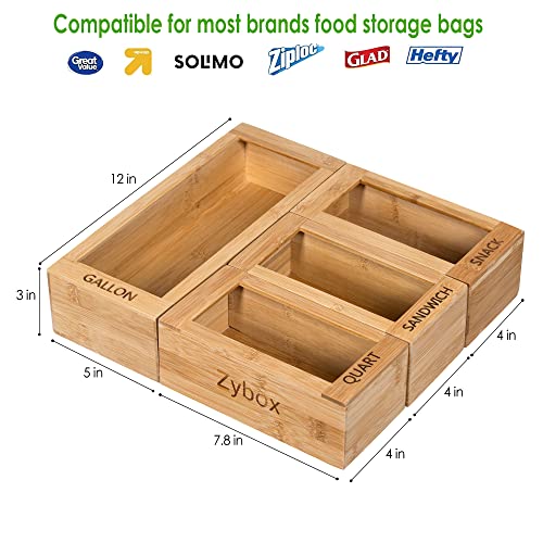 FVLFIL Bamboo Ziplock Bag Organizer for Kitchen Drawer 4 piece Organizers and Storage Dispenser Food Storage Plastic Bag Holder for Gallon, Quart, Sandwich and Snack Size Baggie