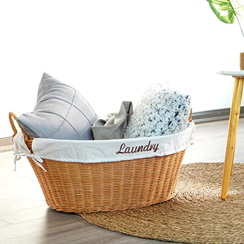 Rattan Laundry Basket with Handles and White Cotton Removable Lining, Natural