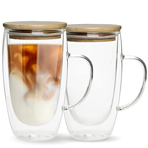 Double Walled Glass Coffee Mugs By Chef"s Unique Insulated Coffee Mugs With Handle And Bamboo Lid, Clear Glass Cups For Coffee Tea Latte Cappuccino Espresso 16 OZ (Set of 2)