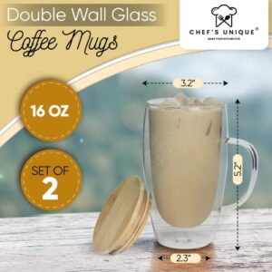 Double Walled Glass Coffee Mugs By Chef"s Unique Insulated Coffee Mugs With Handle And Bamboo Lid, Clear Glass Cups For Coffee Tea Latte Cappuccino Espresso 16 OZ (Set of 2)