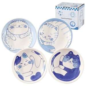 hakone yosegi japanese small plate set ceramic cute cats design appetizer dessert sushi sauce 3.94 x 0.8 inches set of 4
