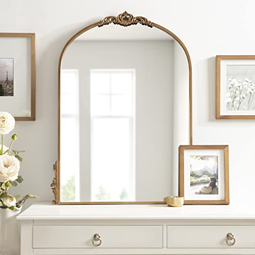 Kate and Laurel Myrcelle Traditional Arched Mirror, 25 x 33, Gold, Decorative Large Arch Mirror with Ornate Garland Detailing Along The Crown and Edges of The Frame