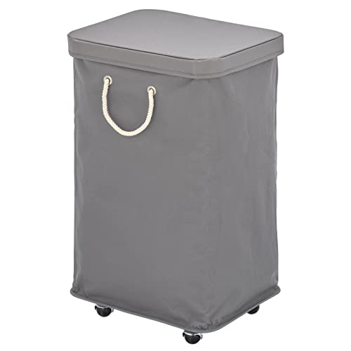 mDesign Large Polyester Rolling Laundry Hamper with Wheels, Removable Lid, and Rope Carrying Handles, Collapsible Hampers with Wheels for Compact Storage, Tall Single Compartment Basket, Charcoal Gray