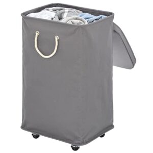 mdesign large polyester rolling laundry hamper with wheels, removable lid, and rope carrying handles, collapsible hampers with wheels for compact storage, tall single compartment basket, charcoal gray