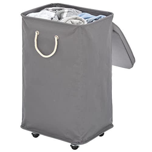 mDesign Large Polyester Rolling Laundry Hamper with Wheels, Removable Lid, and Rope Carrying Handles, Collapsible Hampers with Wheels for Compact Storage, Tall Single Compartment Basket, Charcoal Gray