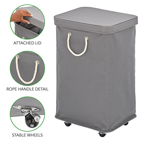 mDesign Large Polyester Rolling Laundry Hamper with Wheels, Removable Lid, and Rope Carrying Handles, Collapsible Hampers with Wheels for Compact Storage, Tall Single Compartment Basket, Charcoal Gray