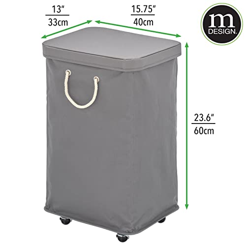 mDesign Large Polyester Rolling Laundry Hamper with Wheels, Removable Lid, and Rope Carrying Handles, Collapsible Hampers with Wheels for Compact Storage, Tall Single Compartment Basket, Charcoal Gray