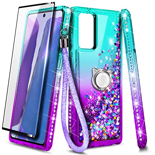 NZND Compatible with Samsung Galaxy A03S Case with Tempered Glass Screen Protector, Ring Holder/Wrist Strap, Glitter Liquid Floating Waterfall Durable Girls Women Kids Cute Case (Aqua/Purple)