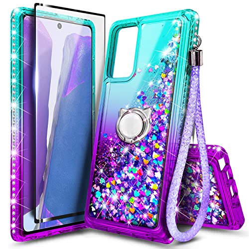 NZND Compatible with Samsung Galaxy A03S Case with Tempered Glass Screen Protector, Ring Holder/Wrist Strap, Glitter Liquid Floating Waterfall Durable Girls Women Kids Cute Case (Aqua/Purple)