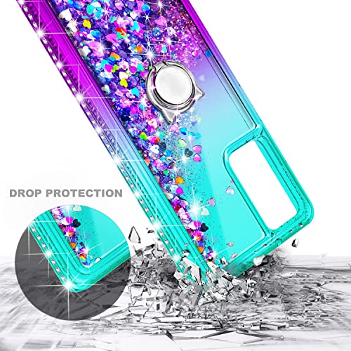 NZND Compatible with Samsung Galaxy A03S Case with Tempered Glass Screen Protector, Ring Holder/Wrist Strap, Glitter Liquid Floating Waterfall Durable Girls Women Kids Cute Case (Aqua/Purple)
