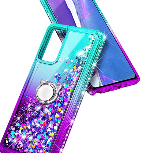 NZND Compatible with Samsung Galaxy A03S Case with Tempered Glass Screen Protector, Ring Holder/Wrist Strap, Glitter Liquid Floating Waterfall Durable Girls Women Kids Cute Case (Aqua/Purple)