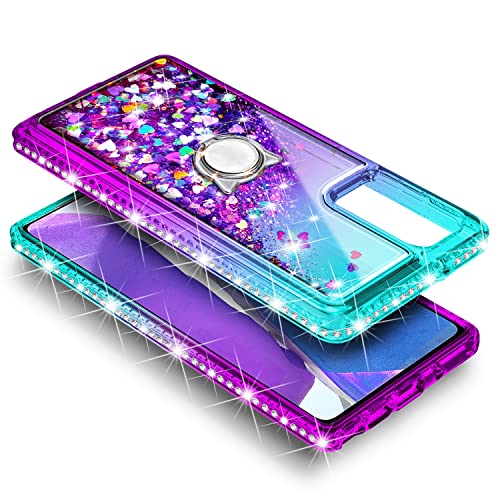 NZND Compatible with Samsung Galaxy A03S Case with Tempered Glass Screen Protector, Ring Holder/Wrist Strap, Glitter Liquid Floating Waterfall Durable Girls Women Kids Cute Case (Aqua/Purple)