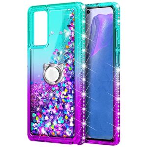 NZND Compatible with Samsung Galaxy A03S Case with Tempered Glass Screen Protector, Ring Holder/Wrist Strap, Glitter Liquid Floating Waterfall Durable Girls Women Kids Cute Case (Aqua/Purple)