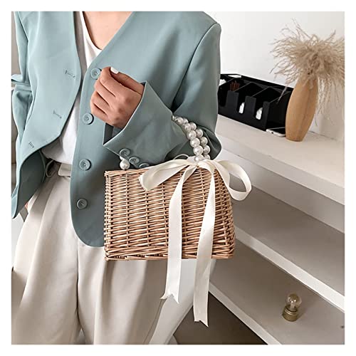 ZHYLing Handmade Woven Purse Wicker Beach Handbag Fashion Women Pure Color Rattan Woven Pearl Basket Handbag Mini Tote Lunch Bags (Color : 7)