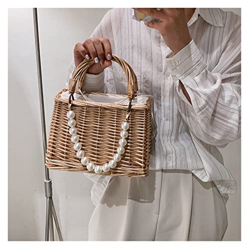 ZHYLing Handmade Woven Purse Wicker Beach Handbag Fashion Women Pure Color Rattan Woven Pearl Basket Handbag Mini Tote Lunch Bags (Color : 7)