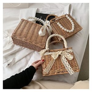 ZHYLing Handmade Woven Purse Wicker Beach Handbag Fashion Women Pure Color Rattan Woven Pearl Basket Handbag Mini Tote Lunch Bags (Color : 7)