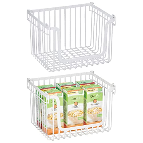 mDesign Large Stacking Wire Baskets Food Organizer Storage Metal Basket with Open Front for Kitchen Cabinet, Pantry, Cupboard, and Shelves, Organize Fruits, Snacks, and Vegetables, 2 Pack, Matte White