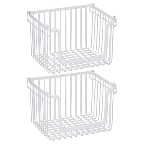 mDesign Large Stacking Wire Baskets Food Organizer Storage Metal Basket with Open Front for Kitchen Cabinet, Pantry, Cupboard, and Shelves, Organize Fruits, Snacks, and Vegetables, 2 Pack, Matte White