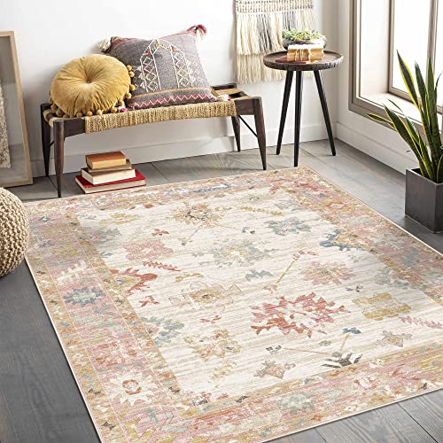 Pajata 5X7 Machine Washable Floral Boho Area Rug Non-Slip, Non-shed, Stain Resistant, Distressed for Bedroom Kitchen and Living Room (Orange)