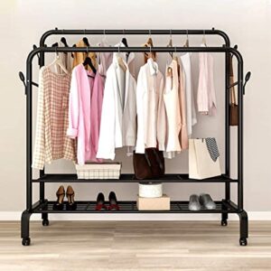 YCWO Flooring Clothes Rack Industrial Tube Wrought Iron Simple Closet Rolling with Wheels Commercial Grade Retail Display Heavy Duty Black Double Rail Large Capacity Clothing Storage Store