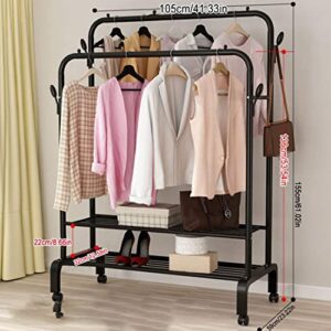 YCWO Flooring Clothes Rack Industrial Tube Wrought Iron Simple Closet Rolling with Wheels Commercial Grade Retail Display Heavy Duty Black Double Rail Large Capacity Clothing Storage Store