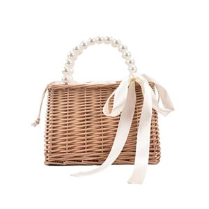 zhyling handmade woven purse wicker beach handbag fashion women pure color rattan woven pearl basket handbag mini tote lunch bags (color : 3)