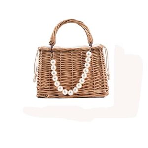 ZHYLing Handmade Woven Purse Wicker Beach Handbag Fashion Women Pure Color Rattan Woven Pearl Basket Handbag Mini Tote Lunch Bags (Color : 3)