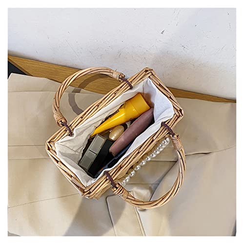 ZHYLing Handmade Woven Purse Wicker Beach Handbag Fashion Women Pure Color Rattan Woven Pearl Basket Handbag Mini Tote Lunch Bags (Color : 3)