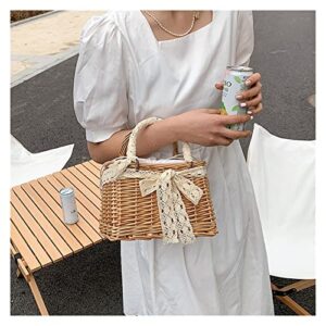 ZHYLing Handmade Woven Purse Wicker Beach Handbag Fashion Women Pure Color Rattan Woven Pearl Basket Handbag Mini Tote Lunch Bags (Color : 3)