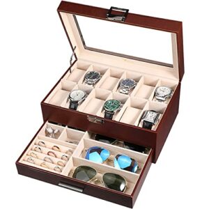 voova jewelry box watch boxes organizer for men women, 2 layer large 12 slot pu leather watch storage case, glass top jewelry display holder for watches sunglasses rings necklaces bracelets (brown)