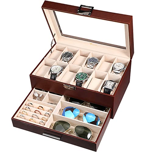 Voova Jewelry Box Watch Boxes Organizer for Men Women, 2 Layer Large 12 Slot PU Leather Watch Storage Case, Glass Top Jewelry Display Holder for Watches Sunglasses Rings Necklaces Bracelets (Brown)