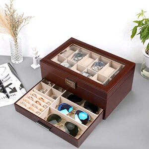 Voova Jewelry Box Watch Boxes Organizer for Men Women, 2 Layer Large 12 Slot PU Leather Watch Storage Case, Glass Top Jewelry Display Holder for Watches Sunglasses Rings Necklaces Bracelets (Brown)