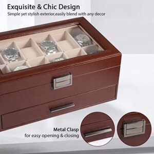 Voova Jewelry Box Watch Boxes Organizer for Men Women, 2 Layer Large 12 Slot PU Leather Watch Storage Case, Glass Top Jewelry Display Holder for Watches Sunglasses Rings Necklaces Bracelets (Brown)