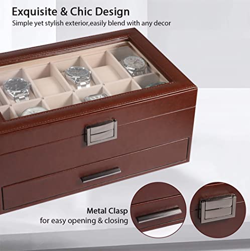 Voova Jewelry Box Watch Boxes Organizer for Men Women, 2 Layer Large 12 Slot PU Leather Watch Storage Case, Glass Top Jewelry Display Holder for Watches Sunglasses Rings Necklaces Bracelets (Brown)