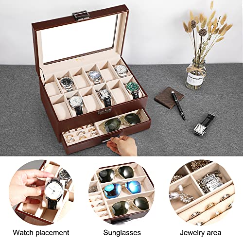 Voova Jewelry Box Watch Boxes Organizer for Men Women, 2 Layer Large 12 Slot PU Leather Watch Storage Case, Glass Top Jewelry Display Holder for Watches Sunglasses Rings Necklaces Bracelets (Brown)