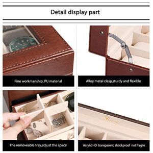 Voova Jewelry Box Watch Boxes Organizer for Men Women, 2 Layer Large 12 Slot PU Leather Watch Storage Case, Glass Top Jewelry Display Holder for Watches Sunglasses Rings Necklaces Bracelets (Brown)