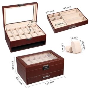 Voova Jewelry Box Watch Boxes Organizer for Men Women, 2 Layer Large 12 Slot PU Leather Watch Storage Case, Glass Top Jewelry Display Holder for Watches Sunglasses Rings Necklaces Bracelets (Brown)