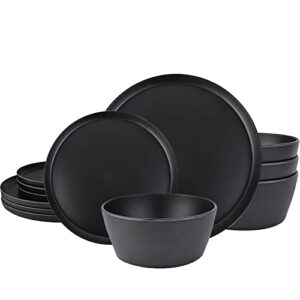 afcevnlb 12-piece plastic dinnerware set plates and bowls sets service for 4 matte black melamine plates unbreakable plastic outdoor camping dishes decor dishwasher safe