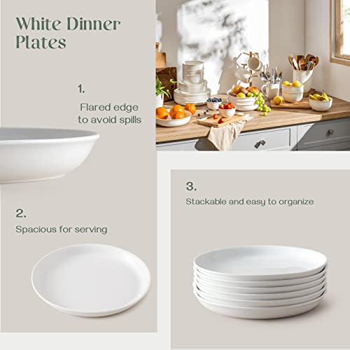 DOWAN Ceramic Dinner Plates Set of 6, 10.5 Inch White Dessert Plates, Porcelain Salad Appetizer Plates, Large Serving Plates for Kitchen Restaurant, Dishwasher & Microwave Safe