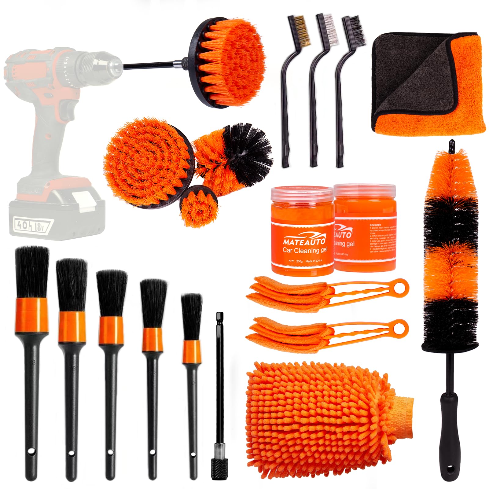 MateAuto Drill Brush Set, 20PCS Car Detailing Kit, Auto Detailing Supplies with Detailing Brush Set, Cleaning Gel for Car Wheel Brush, for Vehicles Interior and Exterior