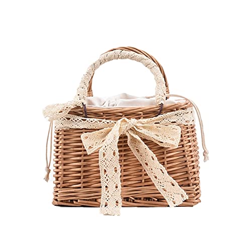 ZHYLing Handmade Woven Purse Wicker Beach Handbag Fashion Women Pure Color Rattan Woven Pearl Basket Handbag Mini Tote Lunch Bags (Color : 2)