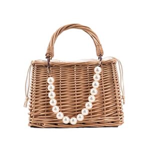 zhyling handmade woven purse wicker beach handbag fashion women pure color rattan woven pearl basket handbag mini tote lunch bags (color : 1)