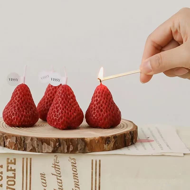 4 PCS Strawberry Candles, Strawberry Shaped Birthday Candles, Small Scented Soy Wax Candle, Prefect for Birthday Party Bedroom Bathroom Decoration Meditation Yoga